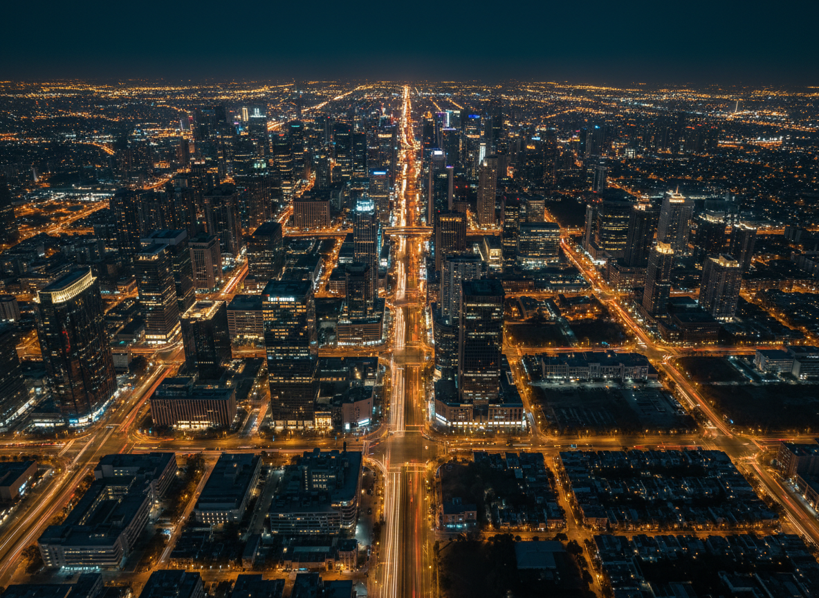 Aerial night view of a modern city with lit streets forming a network of illuminated routes
